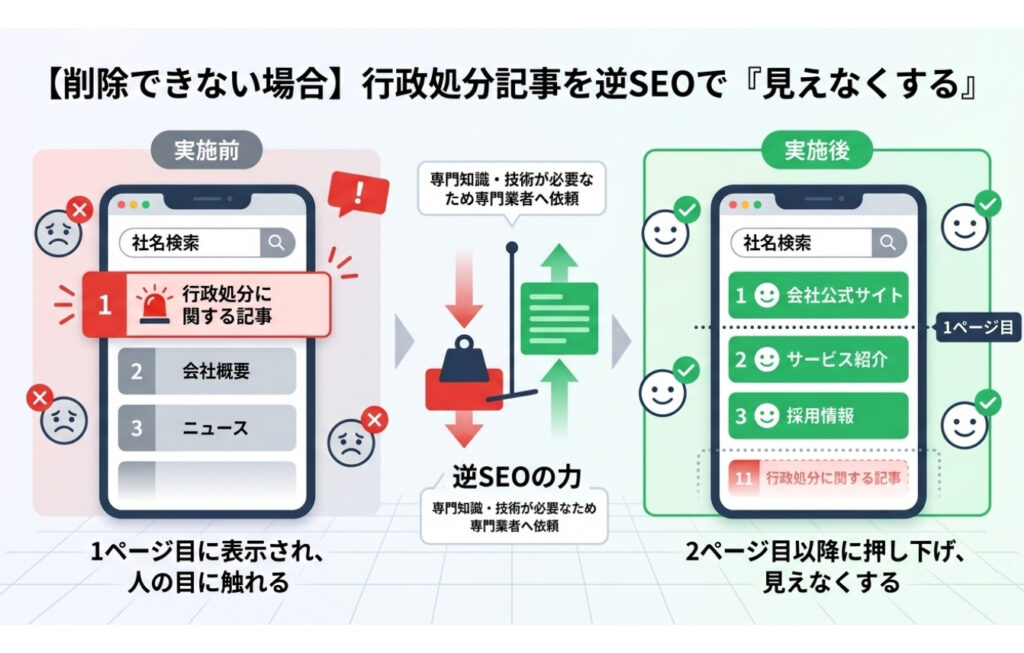 【削除できない場合】行政処分の記事が人の目に触れないようにするには逆SEOを行うべき