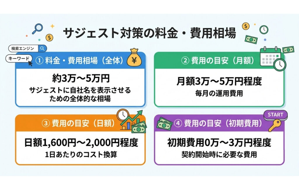 サジェスト対策の料金・費用相場は約3～5万円