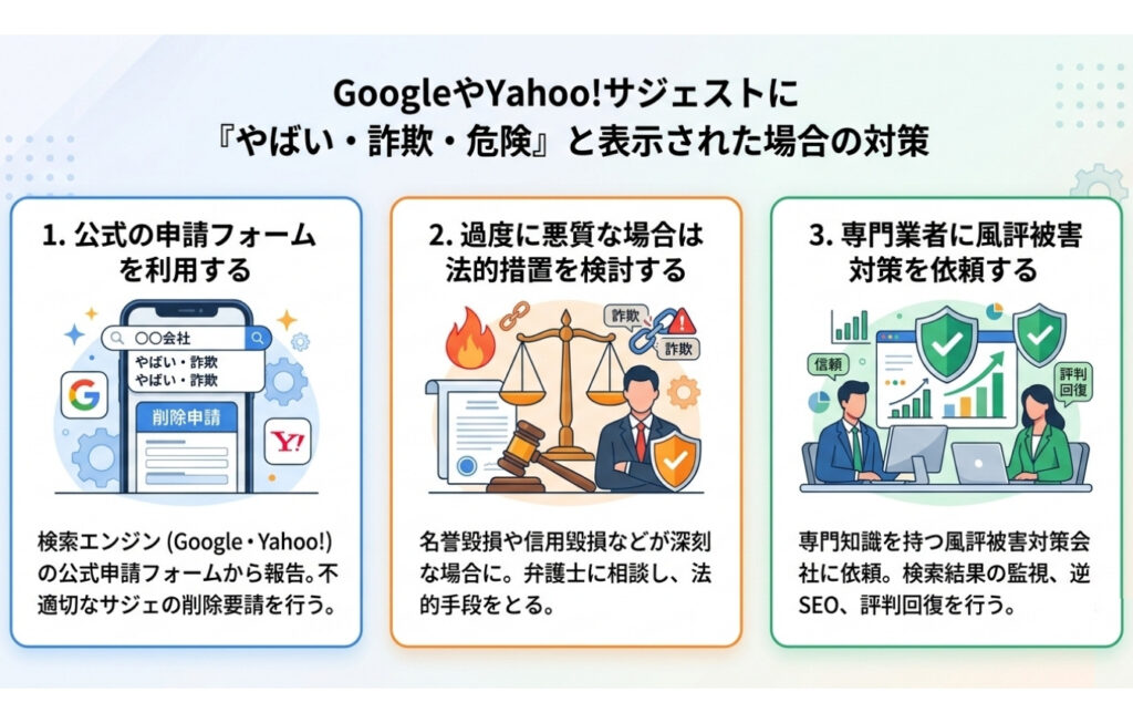 GoogleやYahoo!のサジェストに「やばい・詐欺・危険」などと表示された場合の対策